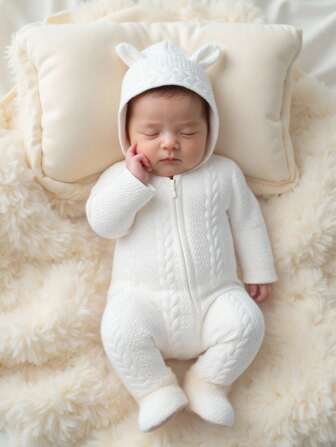 SHEIN Baby Spring/Autumn Hooded Jumpsuit, Soft & Comfortable Solid White Long Sleeve Zipper Jumpsuit, Adorable Unisex Baby Clothing Newborn Knit Jumpsuit Newborn Sweater Romper Baby Knit Jumpsuit Newborn Knit Outfit Boy Baby Knit Romper Fall Winter