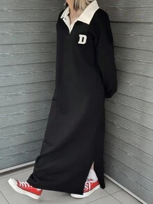 FRIFUL 女士 Polo 领卫衣连衣裙，全新设计感优雅撞色字母印花加厚长裙 - 黑色 - 查看 4