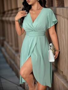 SHEIN Belle Vestido de mujer con mangas de volantes, abertura en el bajo y un solo color - verde menta - Ver 3