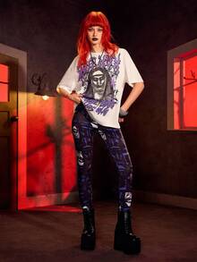 The Nun X SHEIN Women's Figure Graphic High Waist Leggings - Black - View 5