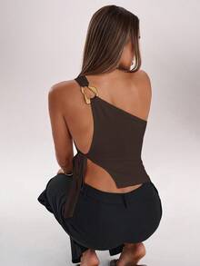 SHEIN BAE Women's Solid Color Metal Ring Decor Sleeveless Crop Top,Brown Top