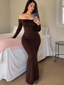 INAWLY Solva Women's Solid Color Off Shoulder Long Sleeve Slim Fit Long Dress Fall Cloth For Women