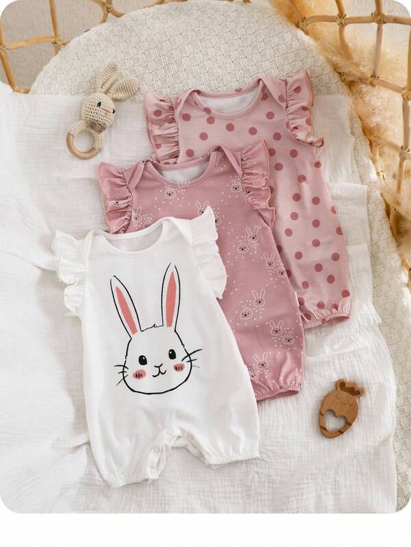 SHEIN 3pcs Newborn Baby Girls' Cute Graphic Cartoon Pattern Knit Romper Set, Summer Cartoon