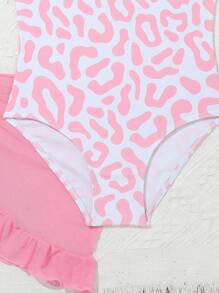 年輕女孩豹紋荷葉邊連體泳衣和領帶泳裙套裝，隨機印花 - 彩色 - 查看 5