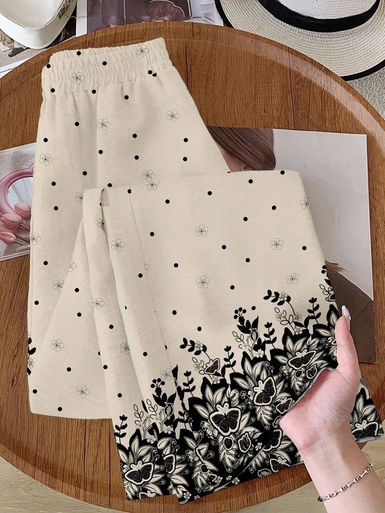 Pantalon décontracté à taille élastique et jambes larges avec imprimé pour femmes, jupe imprimée papillon d'automne/hiver, jupe imprimée florale, jupe noire et blanche, jupe à motif, jupe à cordon, automne, décontracté