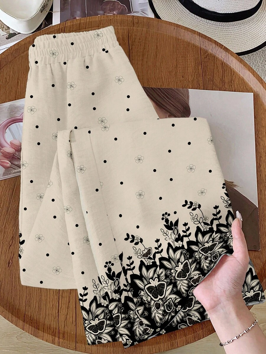 SHEIN RusticEase 女士弹力腰阔腿休闲印花裤，秋冬蝴蝶印花裙，碎花印花裙，黑白印花裙，图案裙，抽绳裙，秋季，休闲 - 白色 - 查看 1