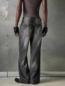 NEON BLANC 男式做旧时尚口袋铆钉黑色牛仔裤 - 黑色 - 查看 4