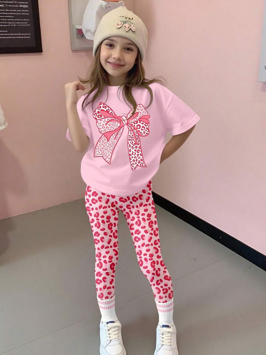 Setelan 2 Potong untuk Anak Perempuan: Kaos Grafis Motif Leopard Pink dengan Hiasan Pita dan Legging, Pakaian Sekolah Kasual untuk Anak Perempuan Remaja. - MultiWarna - View 1
