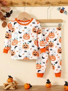 Set 2 buc/set pijama pentru copii mici, băieți/fete, model de dovleac, tricotat, moale, confortabil, cu guler rotund, mânecă lungă, top și colanți, pijama clasică, confortabilă, casual, de bază, potrivită pentru Halloween - Portocale - Vizualizare 4