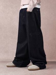 SUMWON Mega weite Zimmermanns-Jeans mit weitem Bein, Utility-Workwear Denimhose, oversized, locker sitzend, dunkles Rohindigo, 90er Jahre Streetwear Stil, Herbst-Winter Mode, Trenddesign - Blau - Übersicht 4