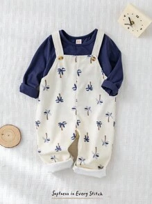 Cozy Pixies 2pcs Baby Boy Navy Blue Outfit,Cute Soft Knit Crew Neck Top And Coconut Tree Pattern Bib Shorts Overall Set For Autumn,Vacation,Holiday Fall Winter - Blue - View 1