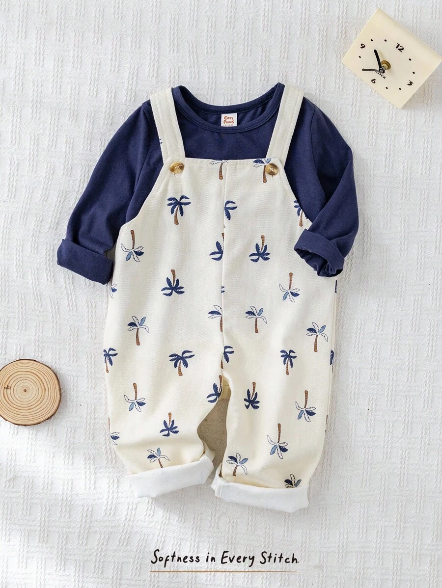Cozy Pixies 2pcs Baby Boy Navy Blue Outfit,Cute Soft Knit Crew Neck Top And Coconut Tree Pattern Bib Shorts Overall Set For Autumn,Vacation,Holiday Fall Winter - Blue - View 1