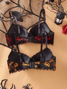 Snug Zone 2pcs/Set Women Lace Patchwork Underwire Bra, Sexy Lingerie, Halloween - Multicolor - View 2