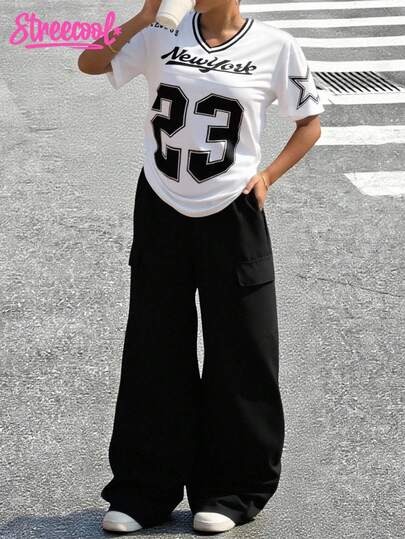 SHEIN Explorewe Teen Girls Numeric Print V-Neck Short Sleeve Top With Solid Cargo Pants Two Pieces Set, Spring/Summer Outfit Set Outfit Teen