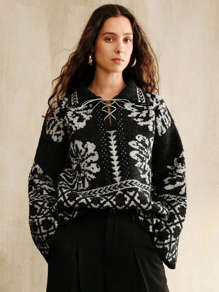 Women's Floral Jacquard Tie Collar Loose Long Sleeve Sweater, Autumn