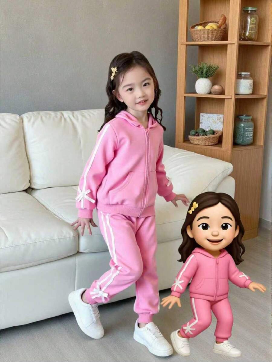 Conjunto Esportivo Casual Rosa com Moletom com Capuz e Decor de Laço 3D e Calça, 2 Peças, Adequado para Uso Ao Ar Livre, Lazer Esportivo, Uso Diário - Rosa chiclete - Visão 1