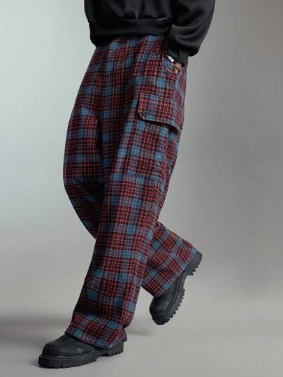 Prep Men's Plaid Wide Leg Loose Casual Cargo Pants, For Fall