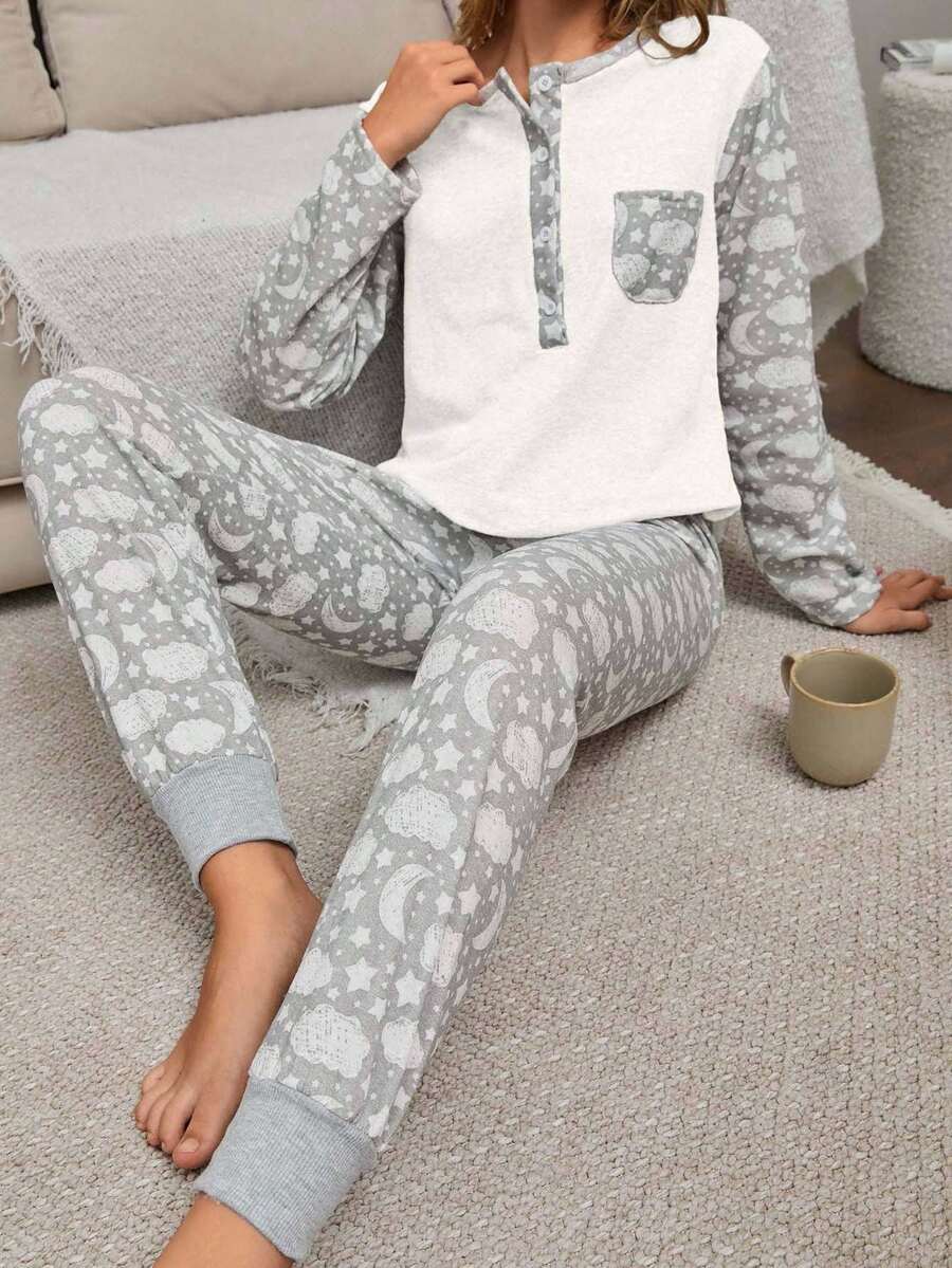 EURMUSE 棉质 2 件凸起面料云朵印花口袋长袖衬衫和睡裤睡衣套装 - 白色 - 查看 1