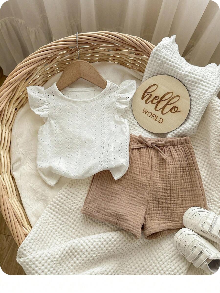 女婴夏季可爱白色上衣和松紧腰短裤套装 - 彩色 - 查看 1