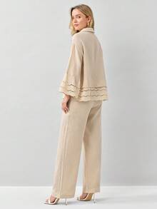 Miaspire 2 件女士休闲单扣长袖 100% 纯棉衬衫和裤子套装，宽松版型，秋冬女装两件套秋季套装棕色套装女士秋季套装女士服装套装 - 杏色 - 查看 4