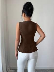 Selianne Fashionable Sleeveless Waist Cinched Black Jacket With Gold Button Decor, Versatile For Daily Wear, Spring/Summer - Brown - View 2