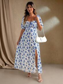 Roveilla 大码夏季优雅碎花高开叉连衣裙 - 藍白色 - 查看 4