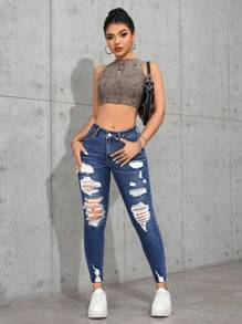 SHEIN PETITE Jeans ajustados informales y versátiles con bolsillos y desgaste para mujeres - Azul lavado oscuro - Ver 3