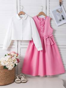 2 pièces Ensemble de chemise formelle à manches longues et robe sans manches avec décoration nœud mignon pour jeunes filles. Convient pour les sorties, les rassemblements, l'école et les activités de loisirs - Multicolore - Voir 3