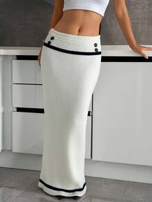 EURMUSE High-Waist Ribbed Knit Skirt With Contrast Stripes And Button Details - Black and White - View 3