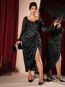 Allurite Plus Size Women's Elegant Black And White Polka Dot Satin Maxi Dress,Formal Autumn Draped Neck Ruffle Asymmetric Hem Split Long Sleeve Gown - Black - View 5