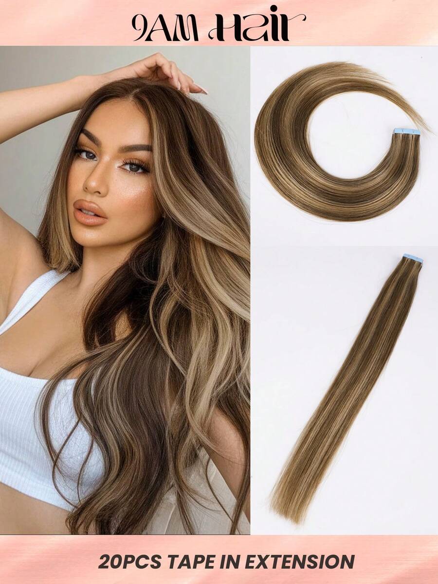 20pcs 50g Tape In Hair Extension, 100% Human Hair Extension For Salon Silky Seamless Invisible, Invisible Tape 6P27# Light Brunette Brown To Honey Blonde Balayage Highlight  Color, For Thinning Hair Woman Natural Look Top Salon Quality ,Back To School Season  ,Holiday Shopping Season, Can Be Reused ,For Fine Or Thin Hair ,Add Volume - S6/27 - View 1