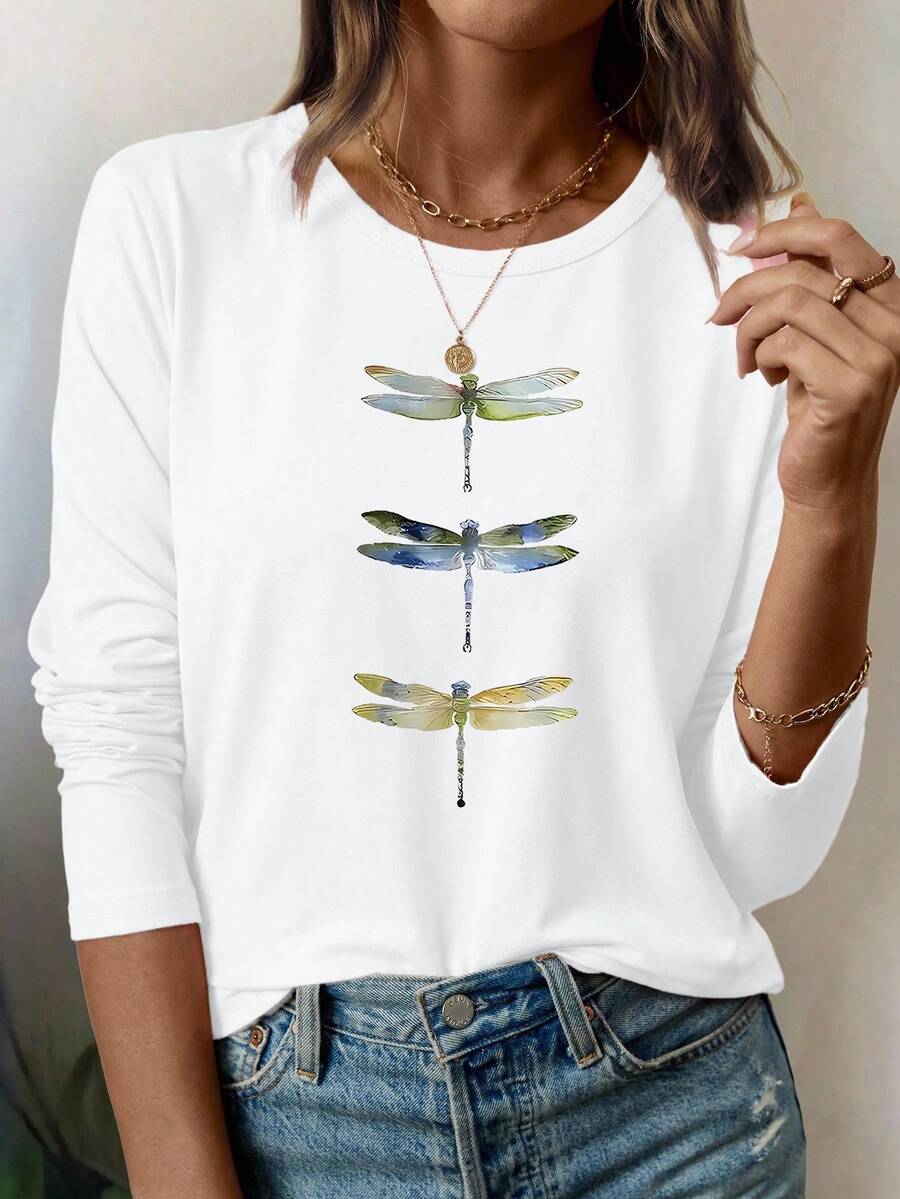 女士彩色蜻蜓动物印花休闲时尚圆领长袖 T 恤 - 白色 - 查看 1