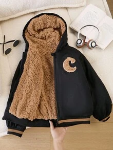 SHEIN Explorewe 这款少女纯色拉链外套，内衬保暖，饰有刺绣，舒适百搭，适合秋冬季节穿着。罗纹袖口和下摆，适合上学、通勤、旅行和休闲等各种场合，可搭配长袖上衣、连帽衫和毛衣。 - 黑色 - 查看 3