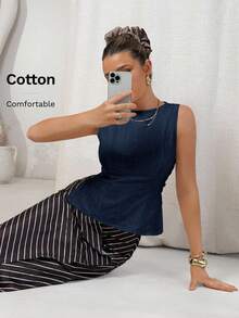 Lavishia Áo sơ mi công sở cổ điển ôm vừa vặn bằng vải lanh trắng thắt nút tre - Màu xanh hải quân - Xem 7