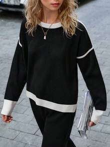 EURMUSE Damen gestreifter Pullover und Strickhose 2 Stücke Set Co-Ords Zwei-Teile-Set Damen Schwarz Zwei-Teile-Set Damen 2 Stücke lässig-Set Damen Langarm Zwei-Teile-Set Bequemes Zwei-Teile-Set,Winterkleidung - Schwarz - Übersicht 6