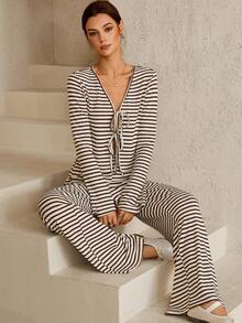 SHEIN Unity New Women's Fashion Casual Khaki Striped Loose Comfortable Home & Party V-Neck Tie-Up Long Sleeve Pants Set Fall Cloth For Women - Multicolor - View 6