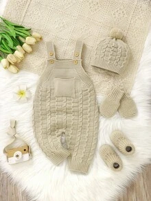 女嬰純色針織連身褲套裝，含口袋、帽子、手套與鞋子，休閒可愛俏皮風，秋冬家庭親子配色，卡其色/奶油色 - 卡其色 - 查看 5