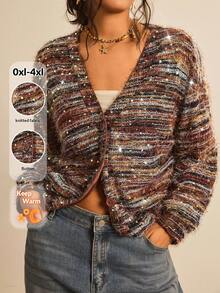 SHEIN LUNE Plus Size Women Casual Brown Sequin Cardigan,Long Sleeve Single-Breasted Knit Tops,Autumn Boho Vacation Fall Winter Business Work Teacher - Multicolor - View 1