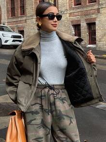 DAZY 女式宽松休闲街头风格人造羊毛拼接冬季夹棉大衣