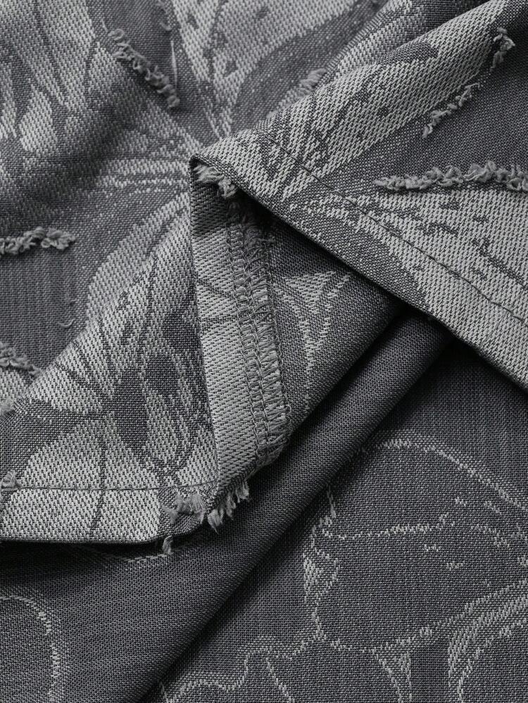 Autumn Dark Grey Floral Textured Fabric Street Style Short Men's Shirt, For Fall