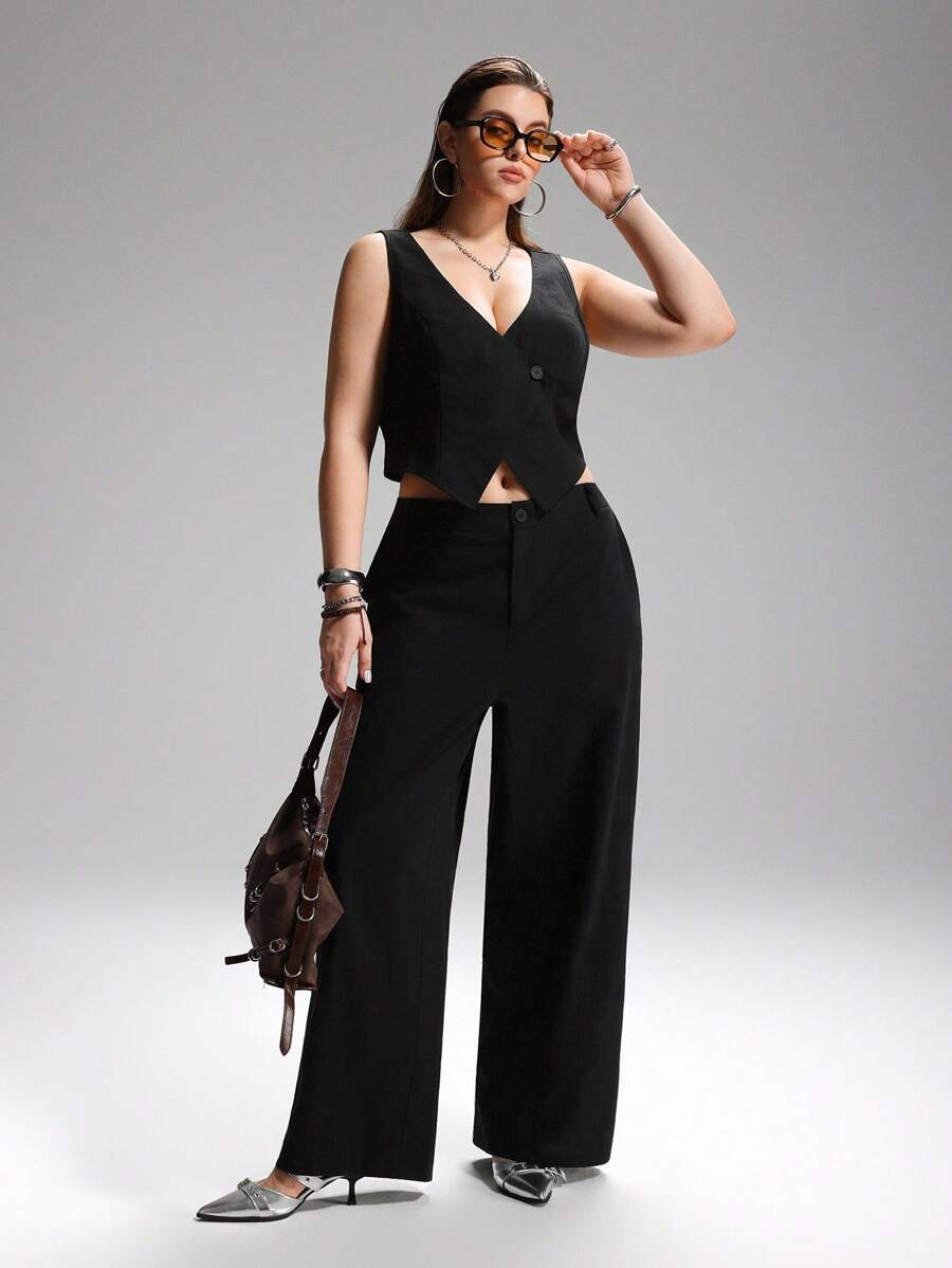 LYSMO Plus Size Summer Sexy Solid Color Vest & Pants Suit In Fall/Winter - Black - View 1