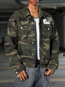 Manfinity EMRG Herr Långärmad College Style Urban Street Fashion Camouflage Loose Jeansjacka, Höst - Armé Grön - Visa 7