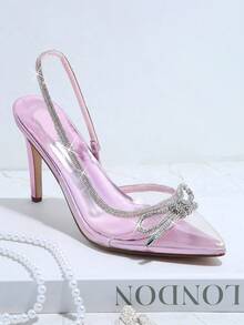 水鑽&蝴蝶結裝飾尖頭細跟后提帶高跟單鞋