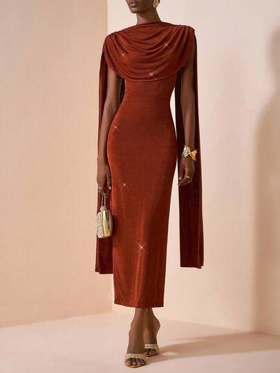 Zivah 20  Autumn New Music Festival, Easter, St. Patrick's Day, Western, Nomadic, Birthday Party, Graduation, College Style, Student Wear, Daily Casual, All-Match Versatile, Leisure, Cruise Travel, Beach, Sunbathing, Viral , Streetwear, Wedding Guest Boho, Commute, Brunch, Airport Outfit, Brown Dress With Sleeveless Flowy Cape, Shiny Fabric