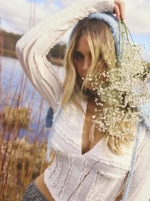 Aralina Summer Vacation Halter Neck Texture White Cute Top - Beige - View 10