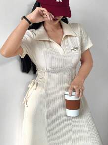 Modelyn Plus Size Polo Collar Textured Fabric Cinched Waist Cinched Waist Dress