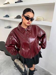 SHEIN EZwear جاكيت جلد جلد برغندي من البولي يوريثان بتصميم فينتاج للمقاسات الكبيرة، خريف/شتاء - عنابي اللون - مشاهدة 5