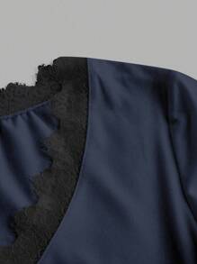 Tseoso Casual Deep V-Neck Lace Trim Fitted Long Sleeve T-Shirt, Suitable For Autumn/Winter - Blue - View 4