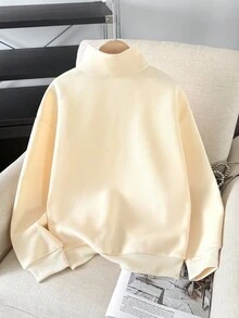 Tween Girls Apricot Half-Open Zipper Pullover Oversized Sweatshirt With Embroidery,White Autumn Casual School Back-To-School American Style Fall Tops - Beige - View 2