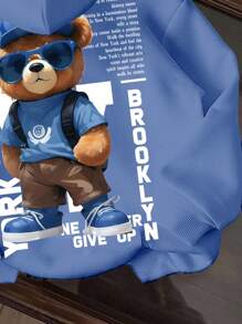 Young Boys Casual Minimalist NY Cartoon Bear Pattern Comfortable Thick Knit Long Sleeve Hoodie Sweatshirt,In Fall/Winter